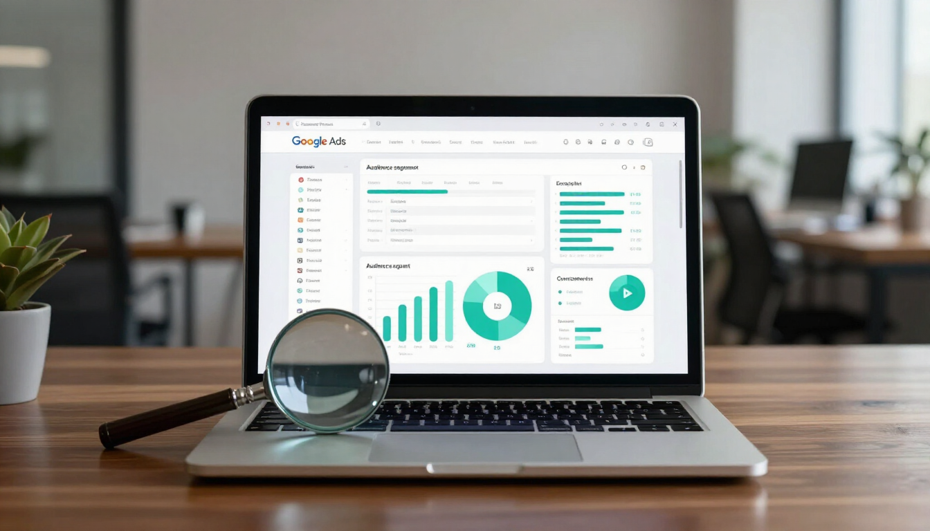 Laptop on a desk showing analytics dashboards, with a magnifying glass in front and a potted plant beside it