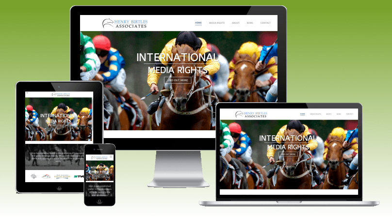 Responsive website shown on desktop, laptop, tablet, and phone against a green background