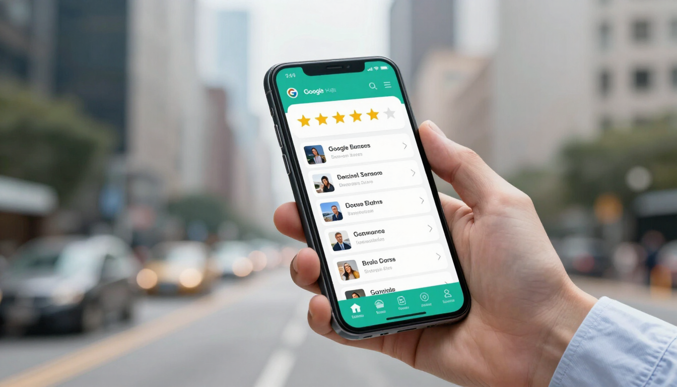 Hand holding a smartphone showing a rideshare app with car listings on a city street background