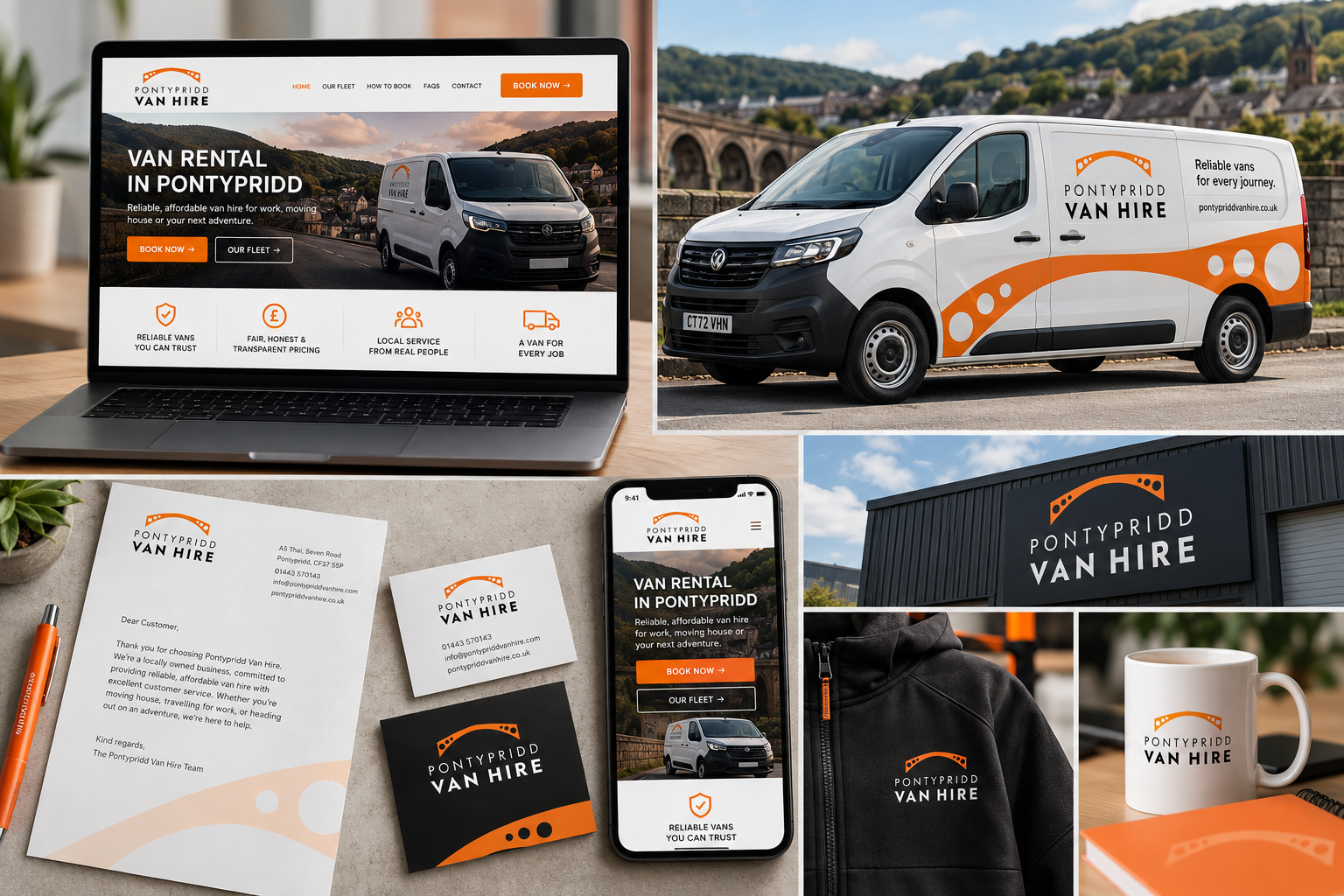 Laptop on a table displaying delivery service dashboard, with branded van and logo sign outside a modern building.