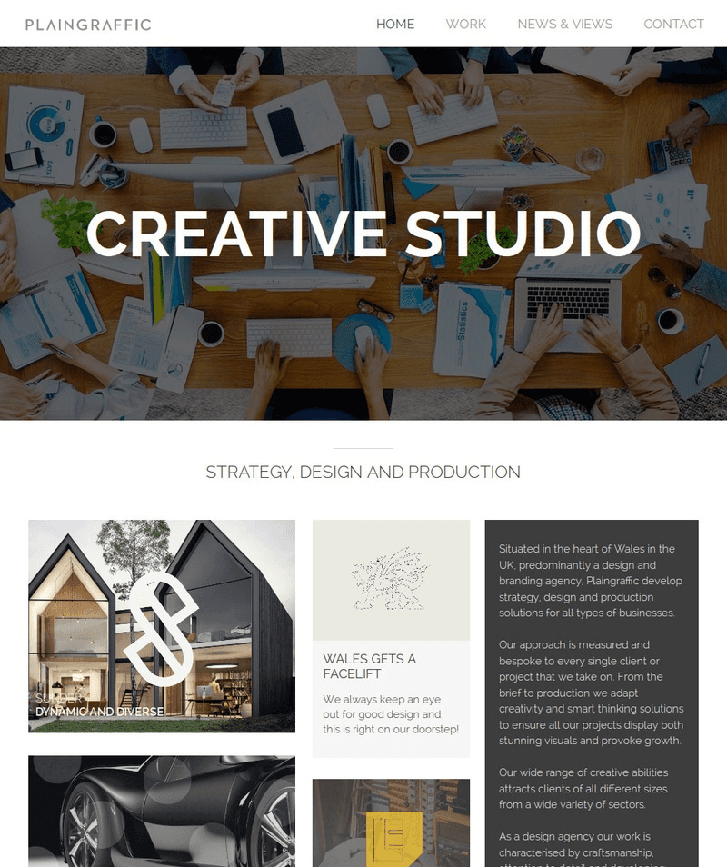 Creative studio website homepage with hero banner and portfolio layout