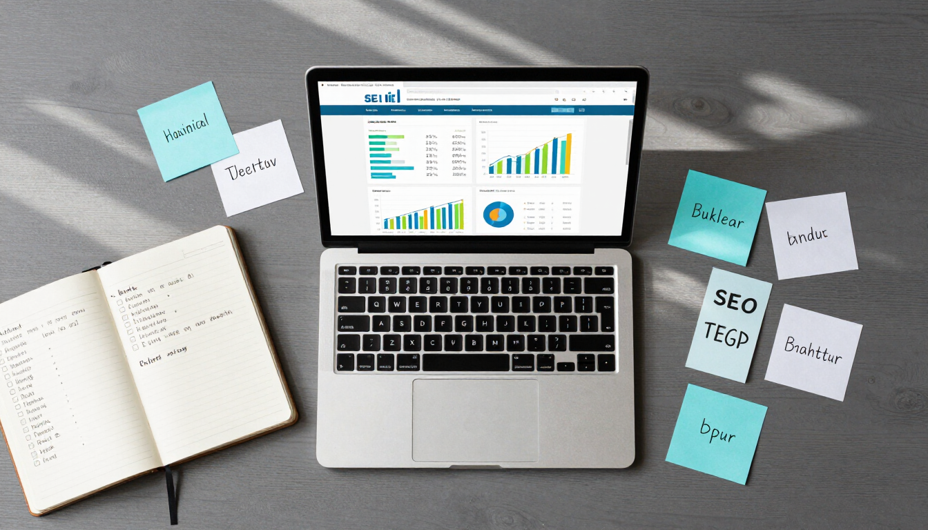 Laptop with analytics charts on screen, surrounded by notebook and sticky notes on a gray desk