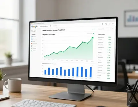 Desktop monitor showing a Google-style analytics dashboard with a rising green line chart and blue bars.