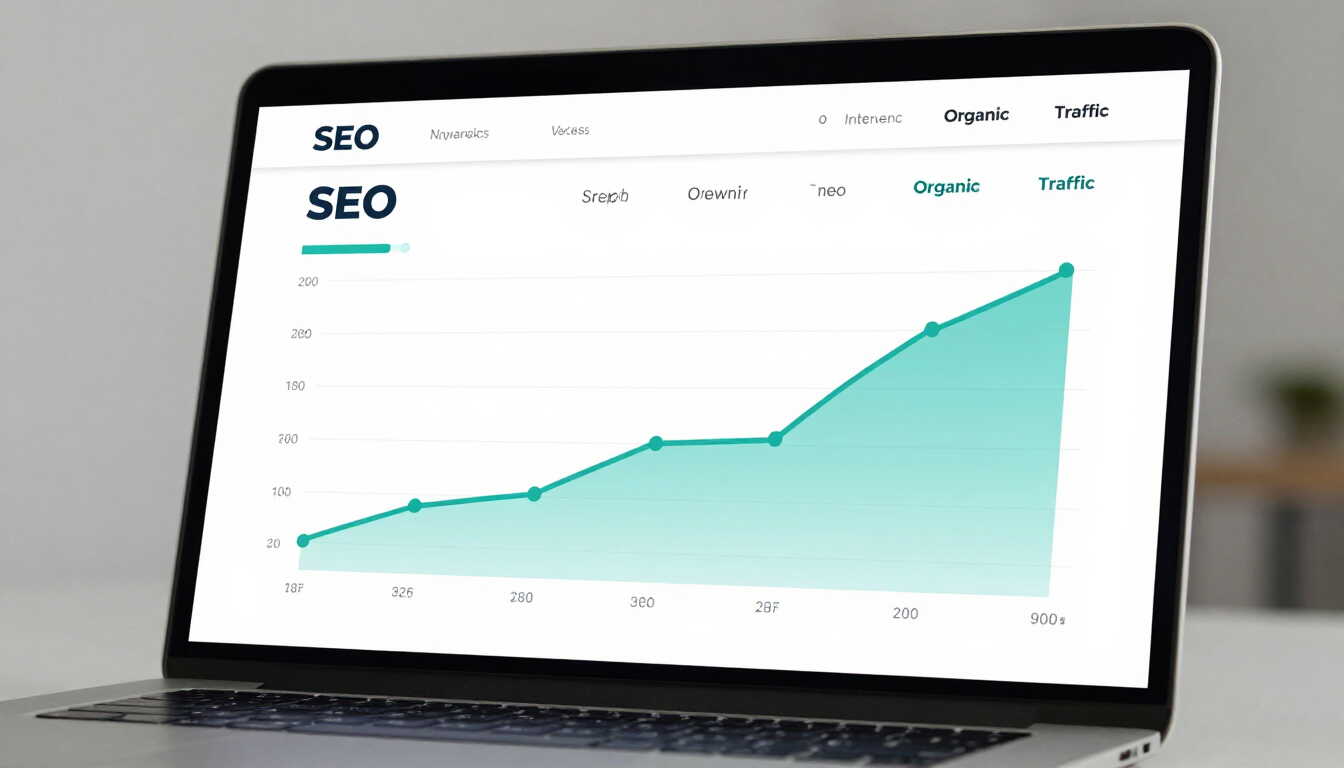 Laptop displaying an SEO analytics dashboard with a rising turquoise line graph on a white screen