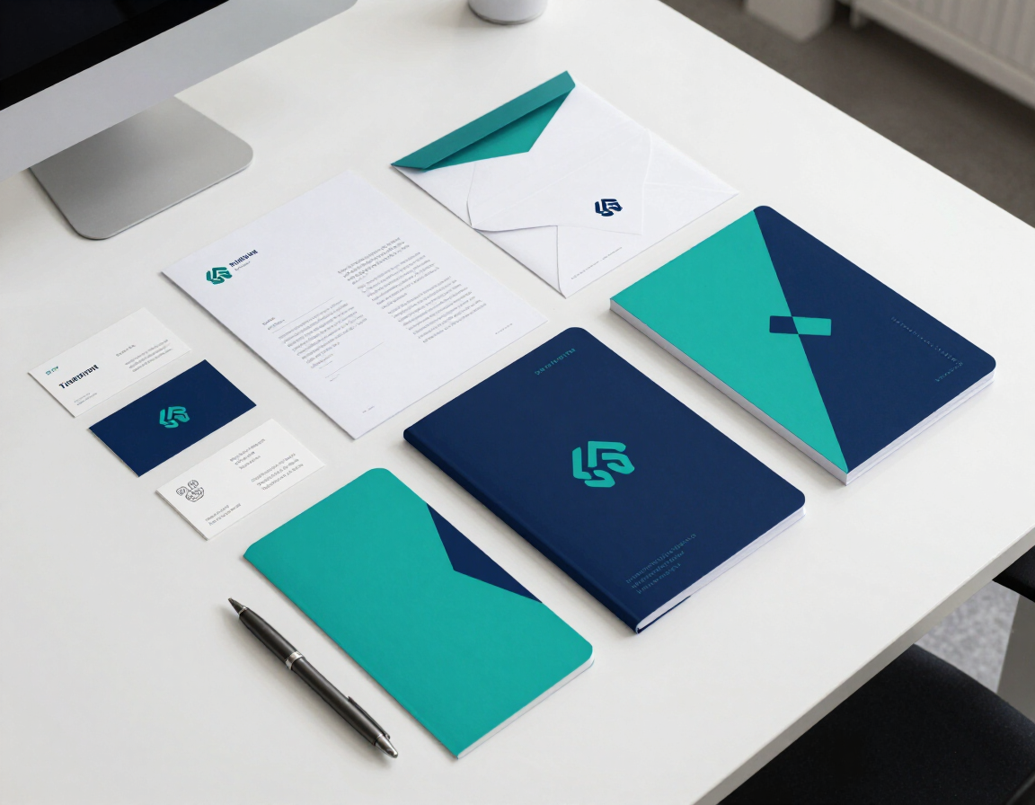 Teal-and-navy branded stationery set on a white desk, including folders, cards, and a pen.