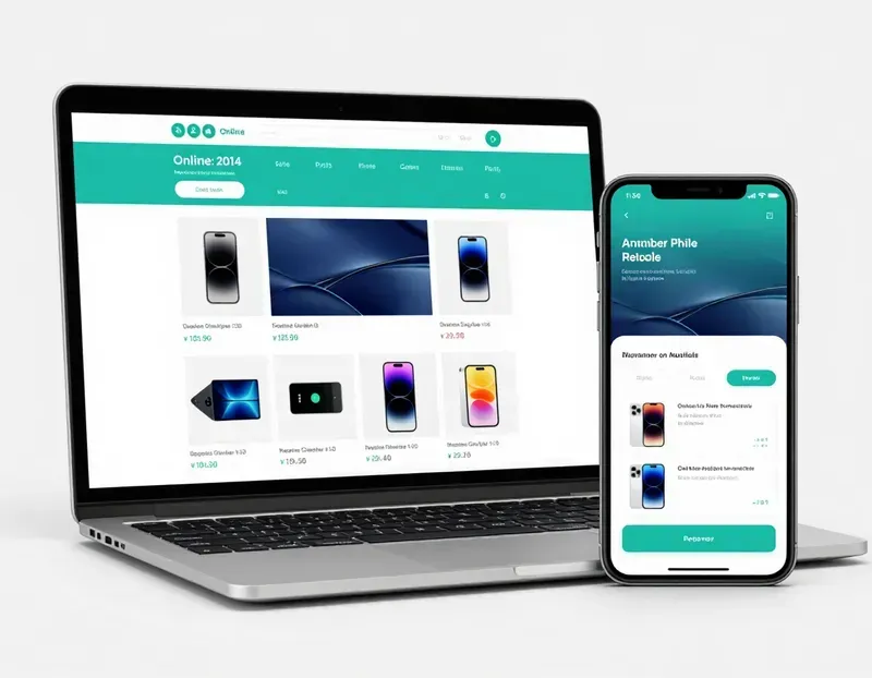 Laptop and smartphone displaying a teal e-commerce website with product listings