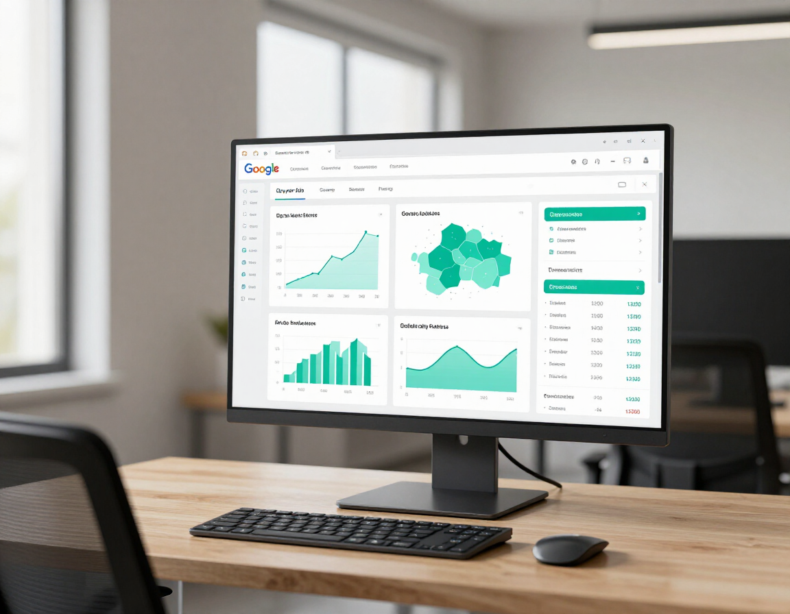 Desktop monitor displaying a green analytics dashboard on a wooden desk in an office setting