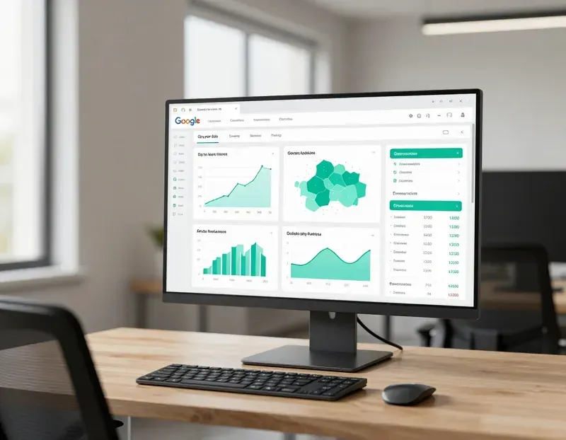 Desktop monitor displaying green analytics dashboards on a clean office desk