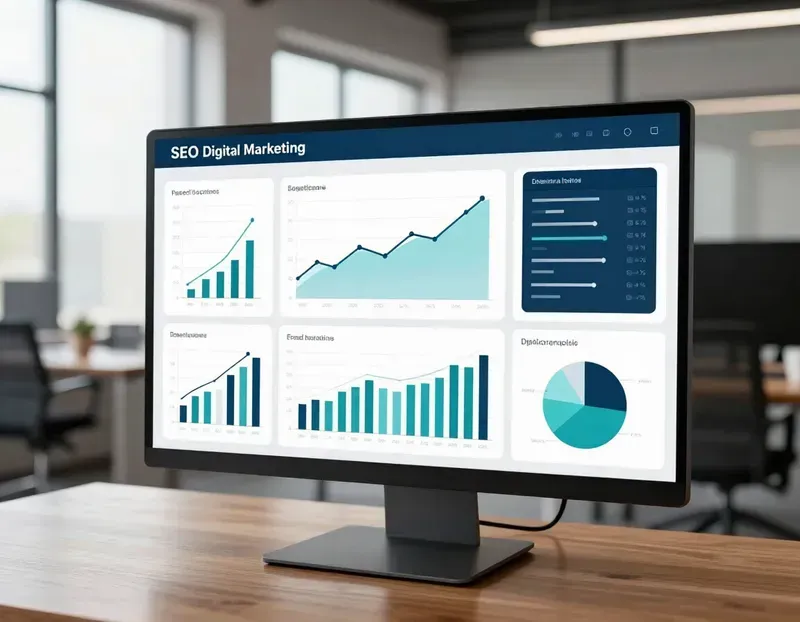 Desktop monitor showing a digital marketing analytics dashboard with charts and graphs in an office setting