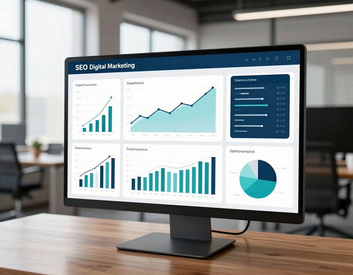 Desktop monitor showing an SEO dashboard with charts and graphs in a modern office setting