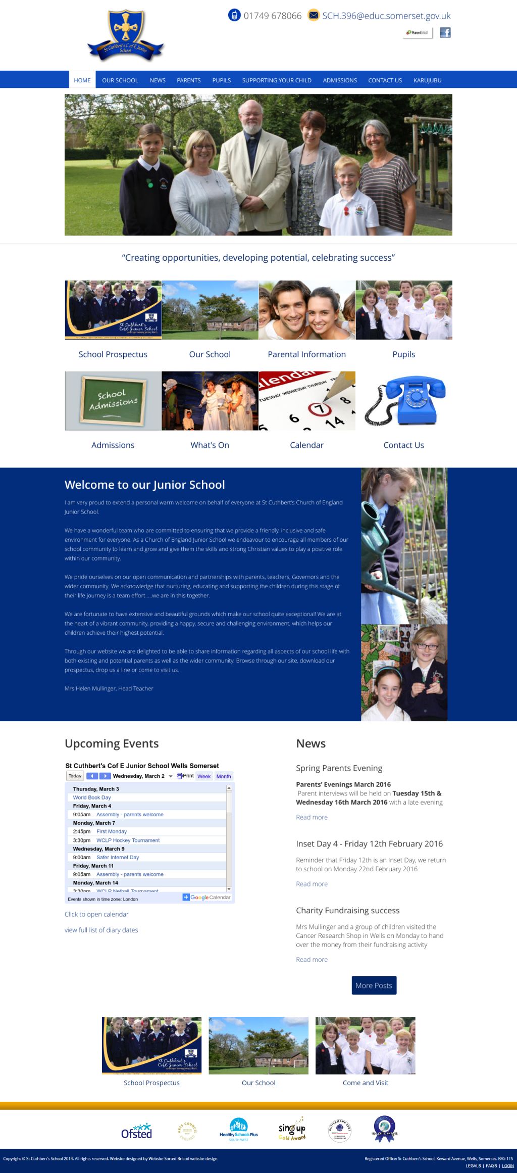 University website homepage with blue header, group photo, news sections, and navigation links