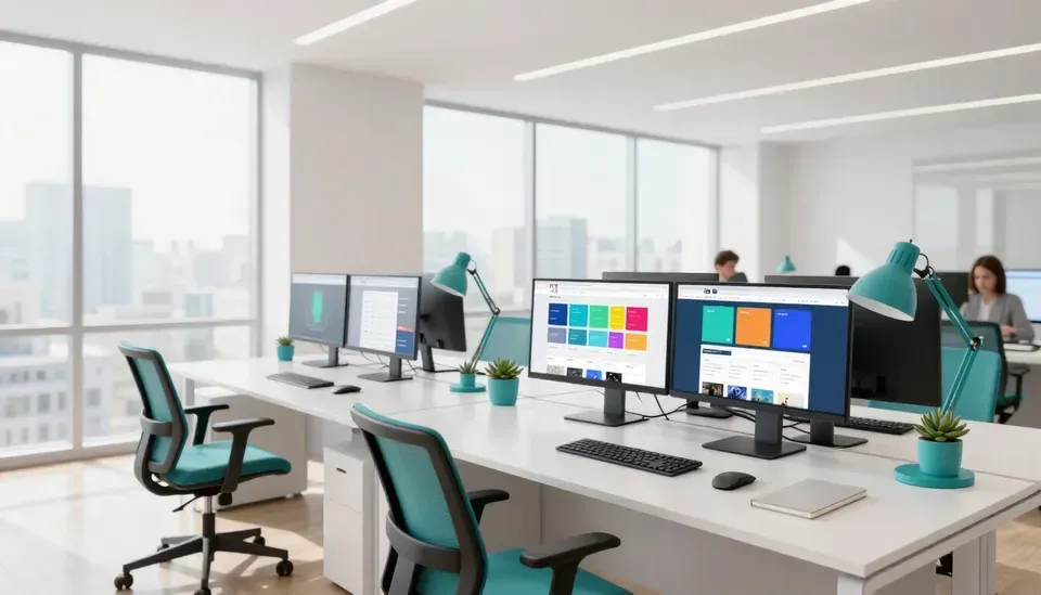 Modern open-plan office with desks, monitors, teal chairs, and large windows