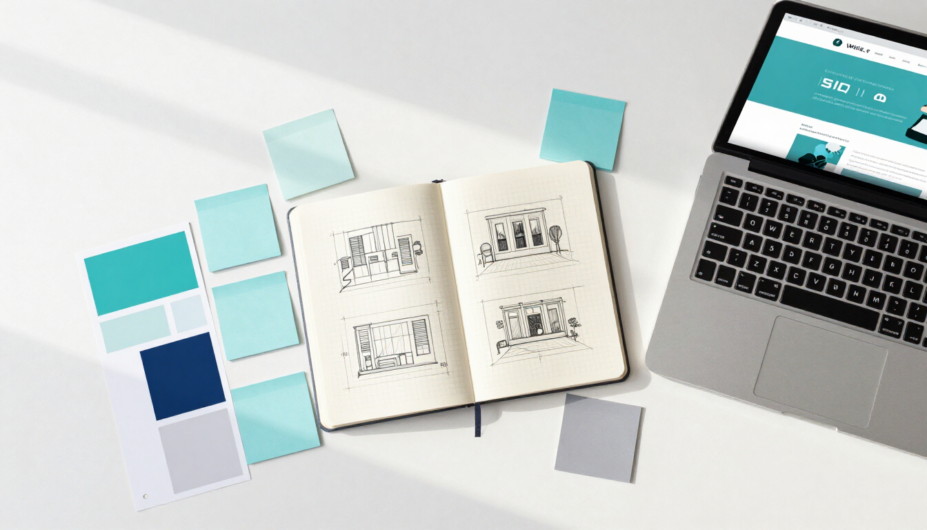 Open notebook with sketches beside color swatches and a laptop on a white desk