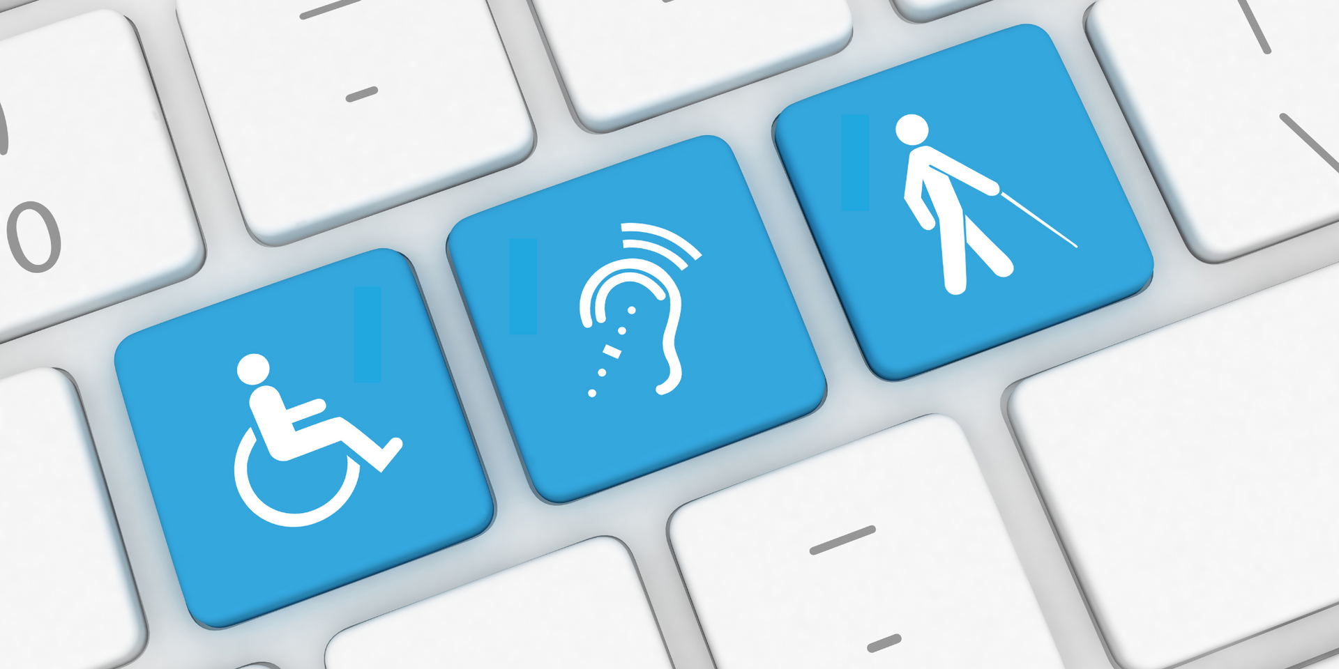 Blue accessibility icons on keyboard keys, including wheelchair, hearing, and walking symbols