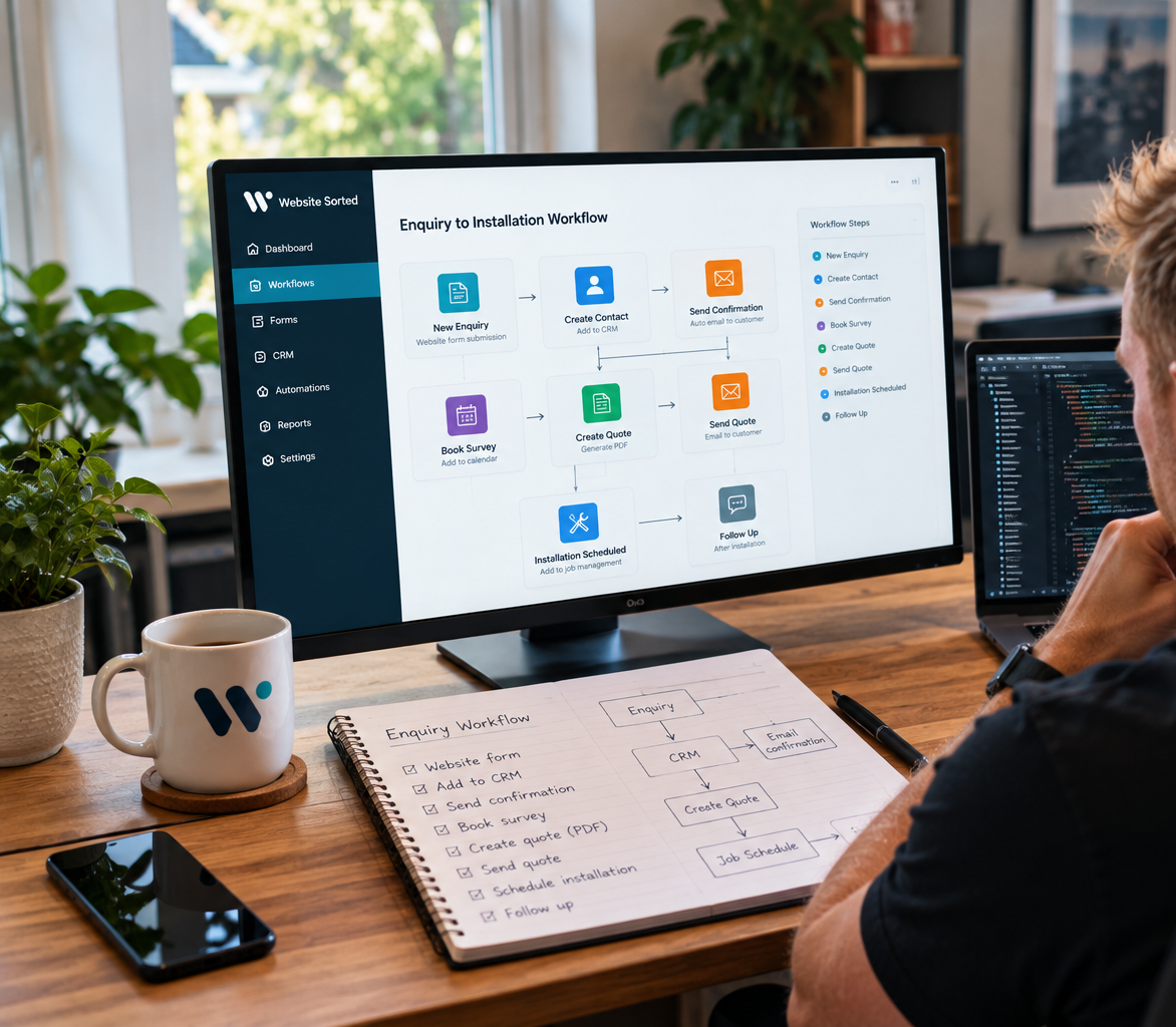Laptop with analytics charts on screen, surrounded by notebook and sticky notes on a gray desk