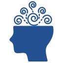 A blue silhouette of a person 's head with swirls coming out of it.