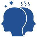 A blue icon of two people 's heads with smoke coming out of them.