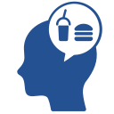 A silhouette of a person 's head with a speech bubble with a hamburger and a drink in it.