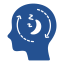 A silhouette of a person 's head with arrows pointing to a sleeping moon.