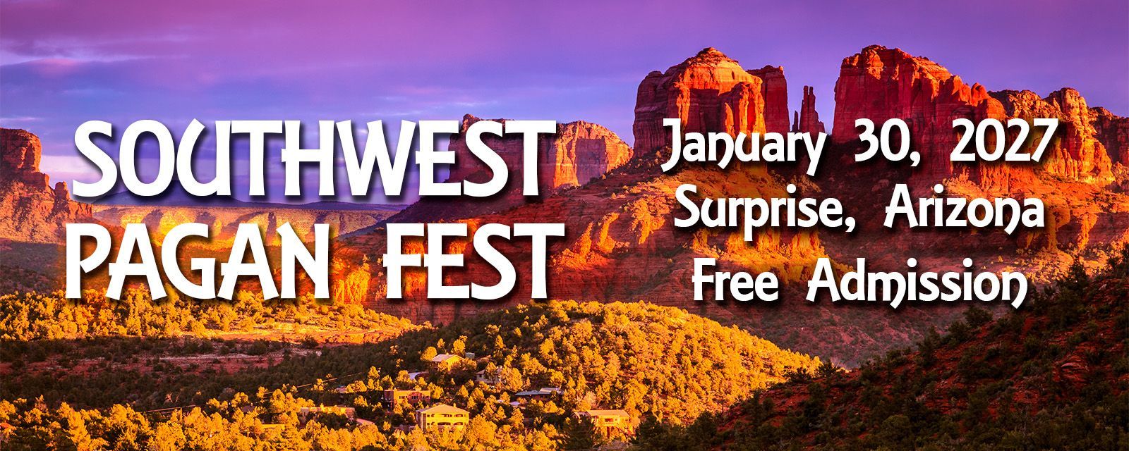 Southwest Pagan Fest, January 30, 2027, Surprise, Arizona. Free admission. Banner showing red rock buttes glowing orange at sunset beneath a purple sky.