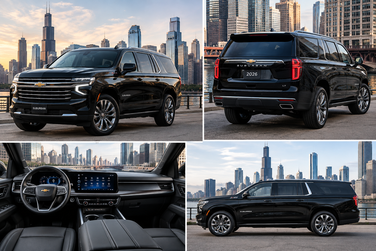 Black SUV shown in four views, including interior, parked against a city skyline.