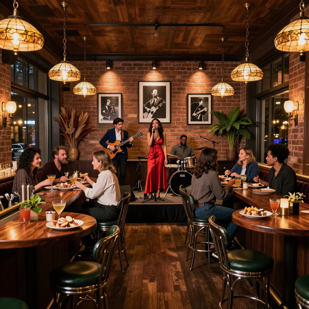 A live band plays in a cozy restaurant with brick walls, warm pendant lighting, and diners sitting at wooden counters.
