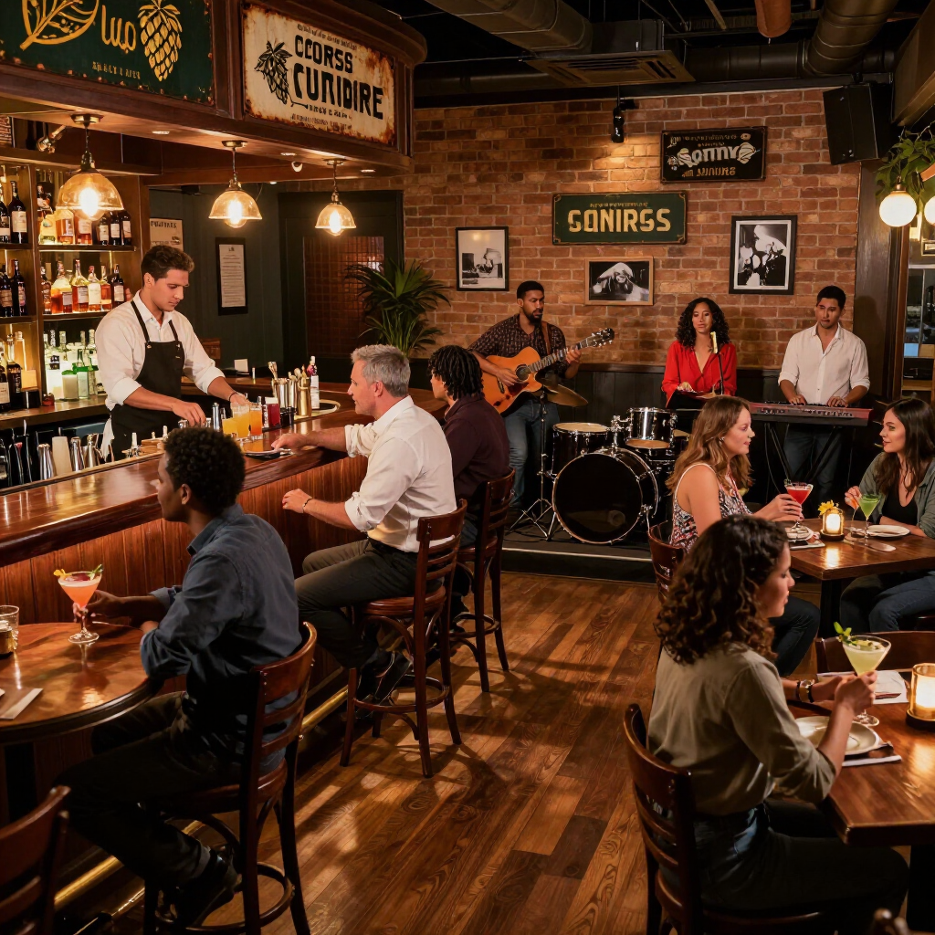 A bar with a live band playing music while patrons sit at the wooden bar and tables in a cozy, brick-walled atmosphere.
