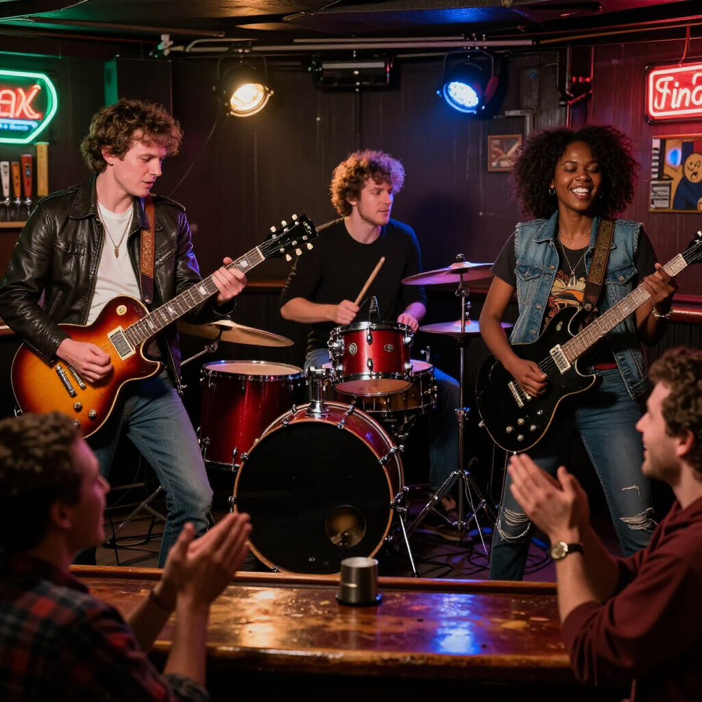 A band performs on a small bar stage while patrons at the counter clap along to the music.