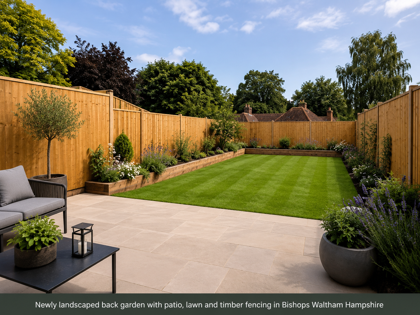 Newly landscaped back garden with patio, lawn and timber fencing in Bishops Waltham Hampshire