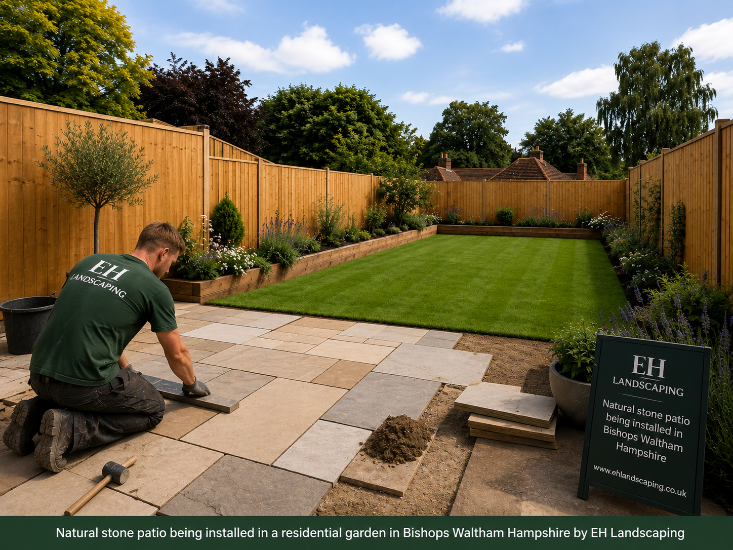 Natural stone patio being installed in a residential garden in Bishops Waltham Hampshire by EH Landscaping