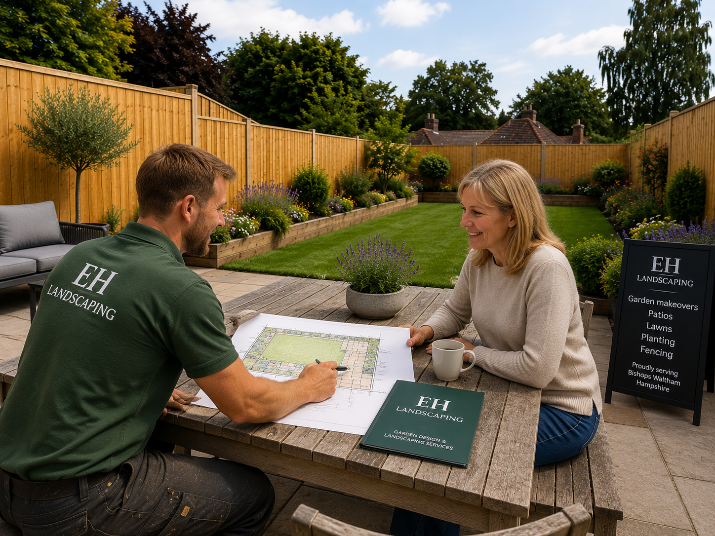Professional landscaper discussing garden makeover plans with homeowner in Bishops Waltham Hampshire