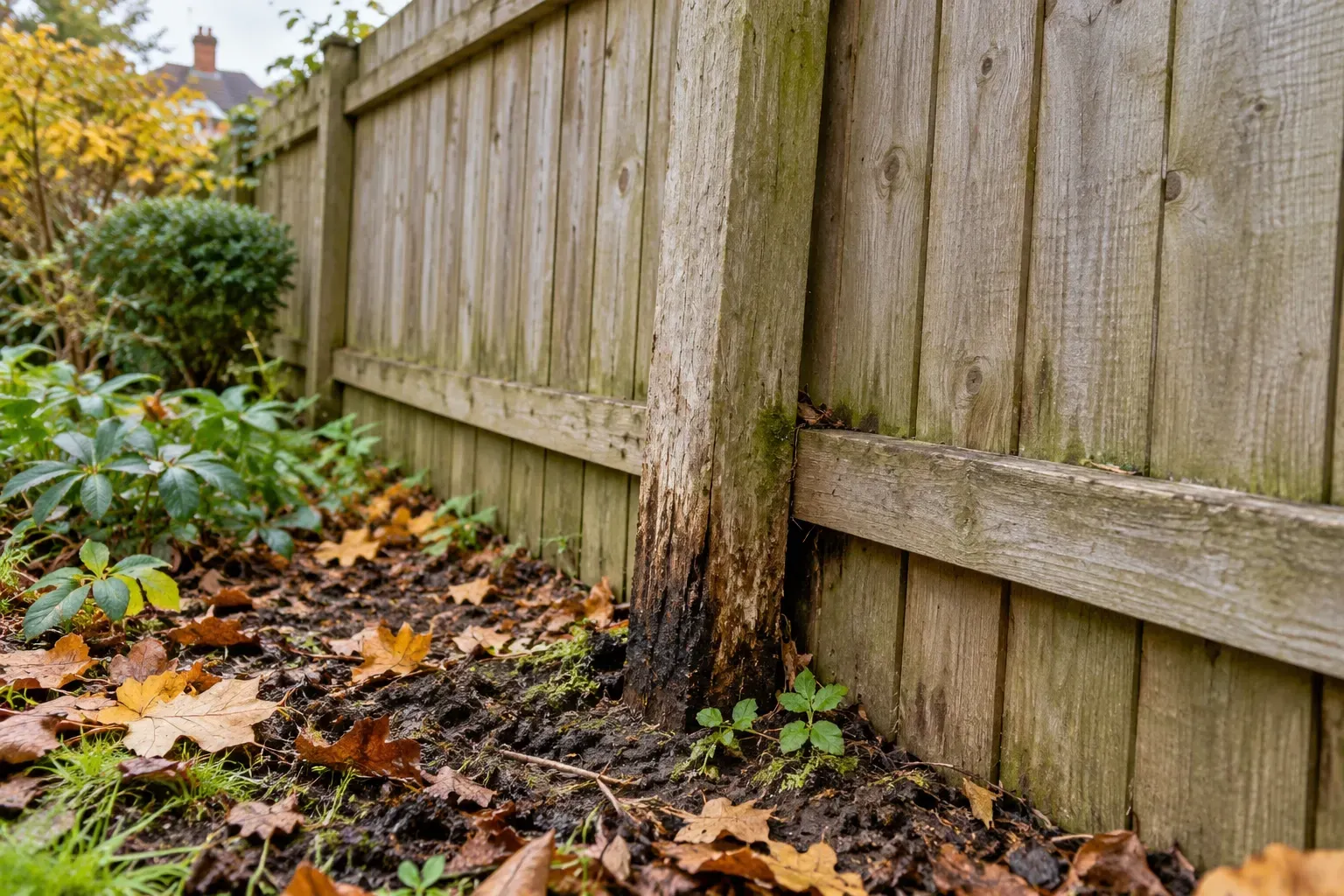Weathered timber fence post with darkened wood at soil level in an autumn garden