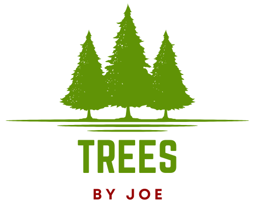 A logo forTrees By Joe with three trees on a white background.