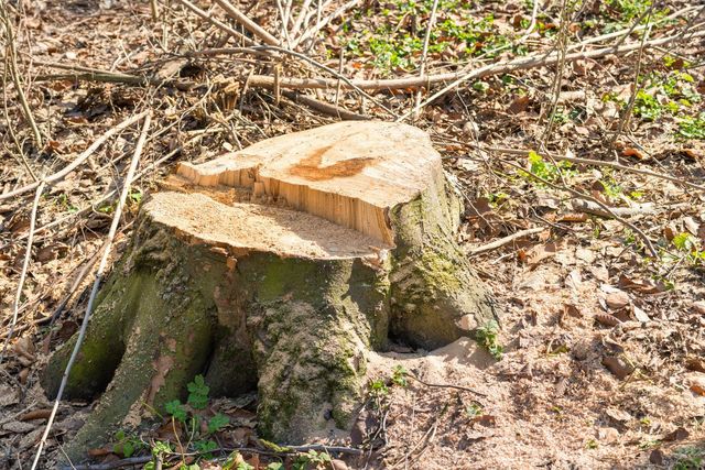 A tree stump is sitting in the middle of a forest.