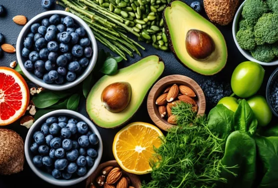 There are many different types of fruits and vegetables on the table.