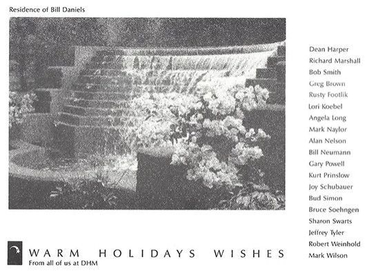 Black-and-white waterfall scene with “Warm Holiday Wishes” text and a list of names on the right