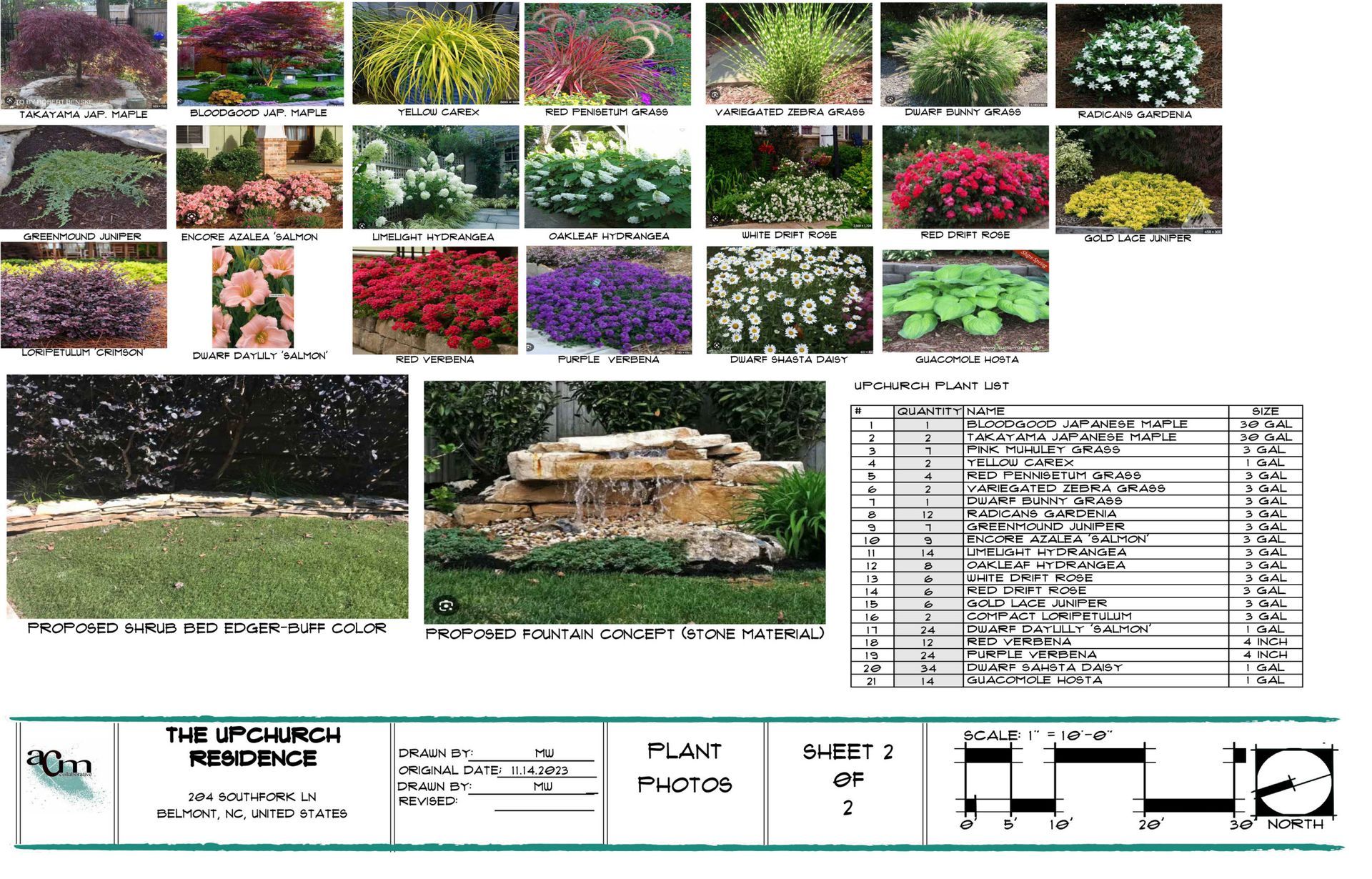 Landscape planting plan with shrub photos, site views, plant list, and section drawing
