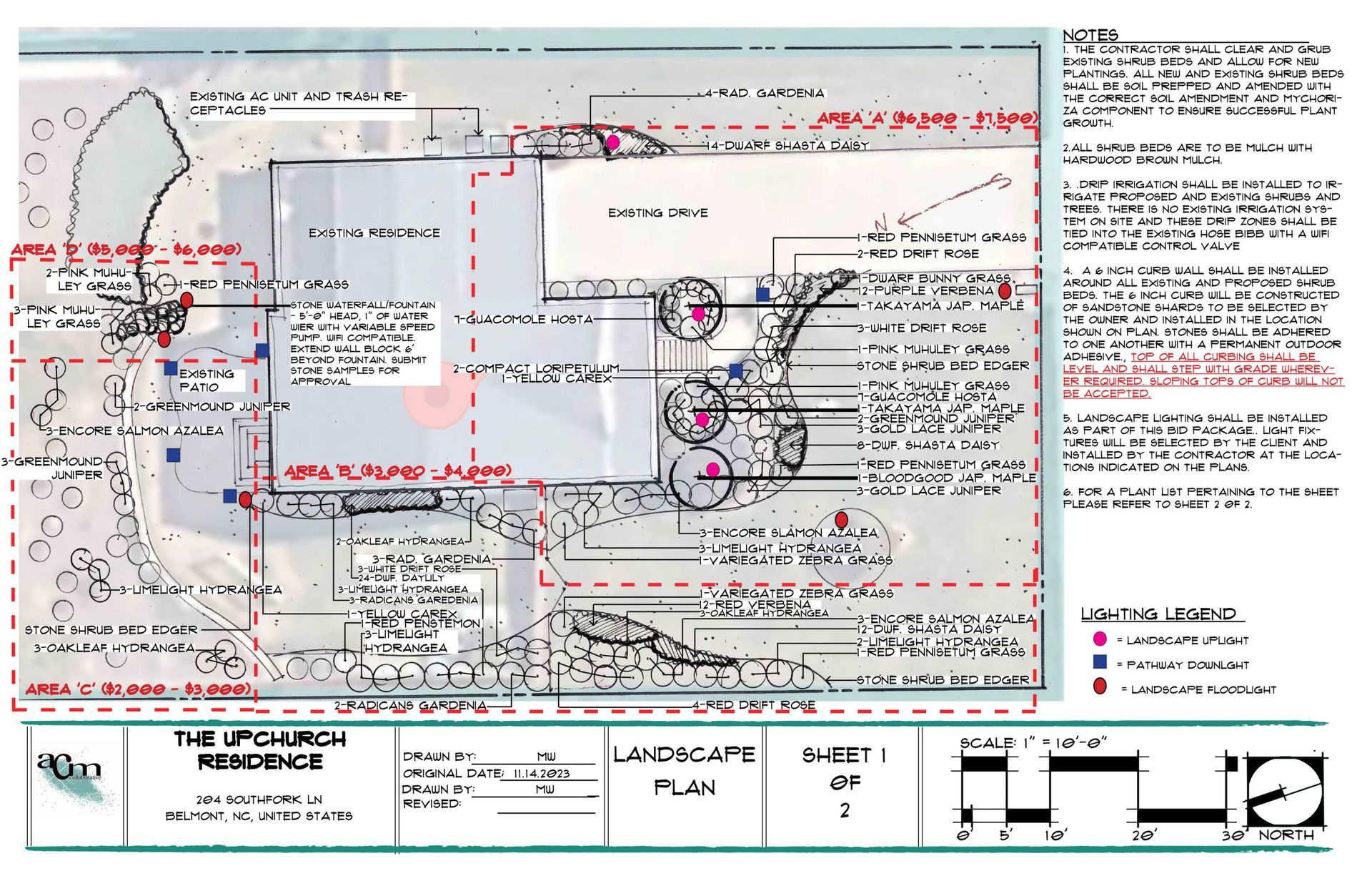 Annotated architectural floor plan with red markup, notes, and dimension lines