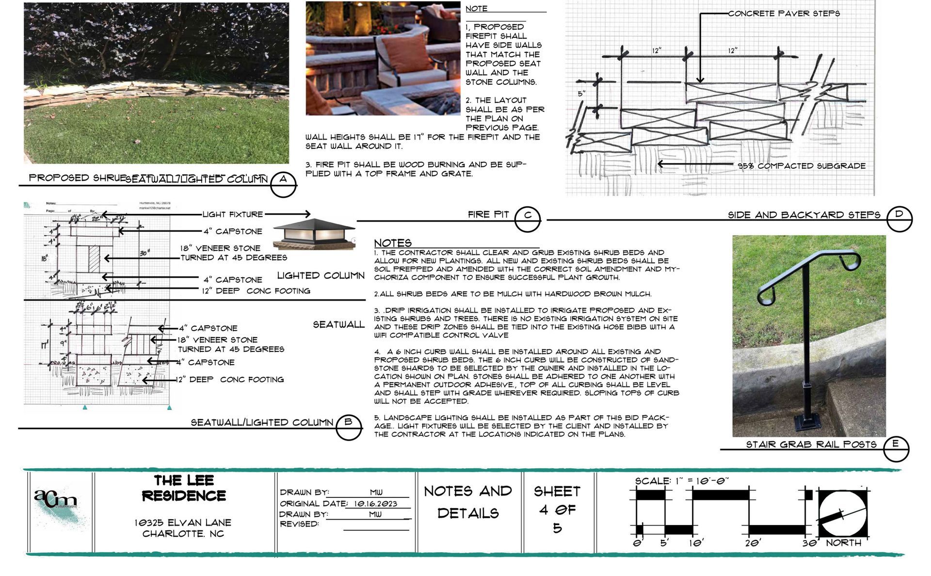 Park bench design sheet with dimensions, technical drawings, and a photo of a wooden bench in a park