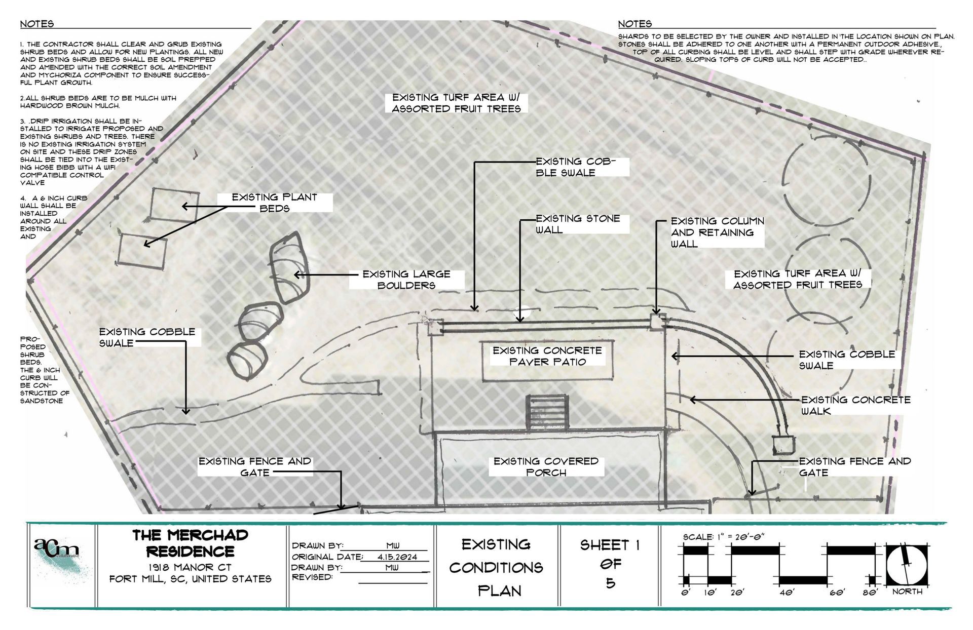 Annotated architectural site plan with labeled access routes, landscaped areas, and building layout.