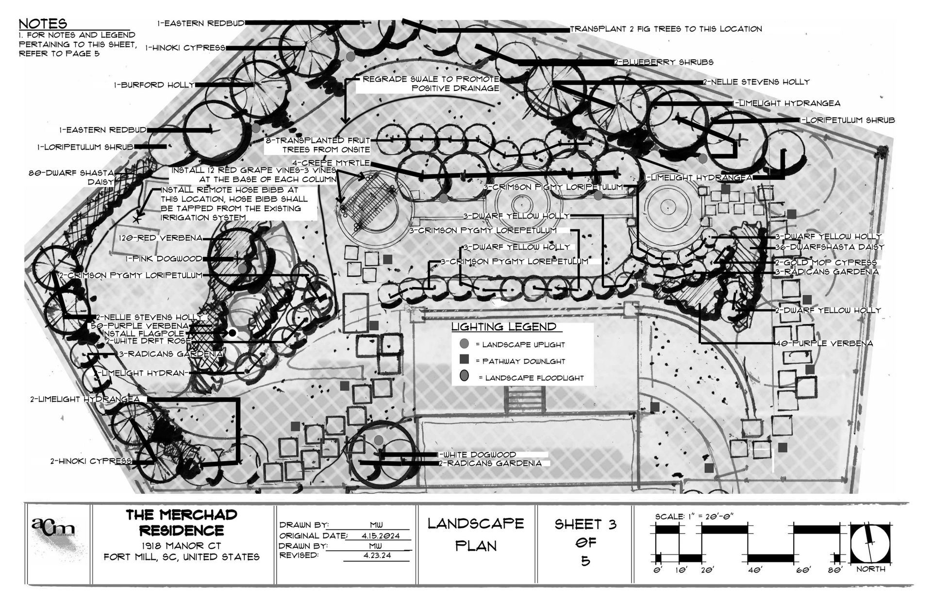 Black-and-white hand-drawn landscape site plan with paths, trees, labels, and a central building layout