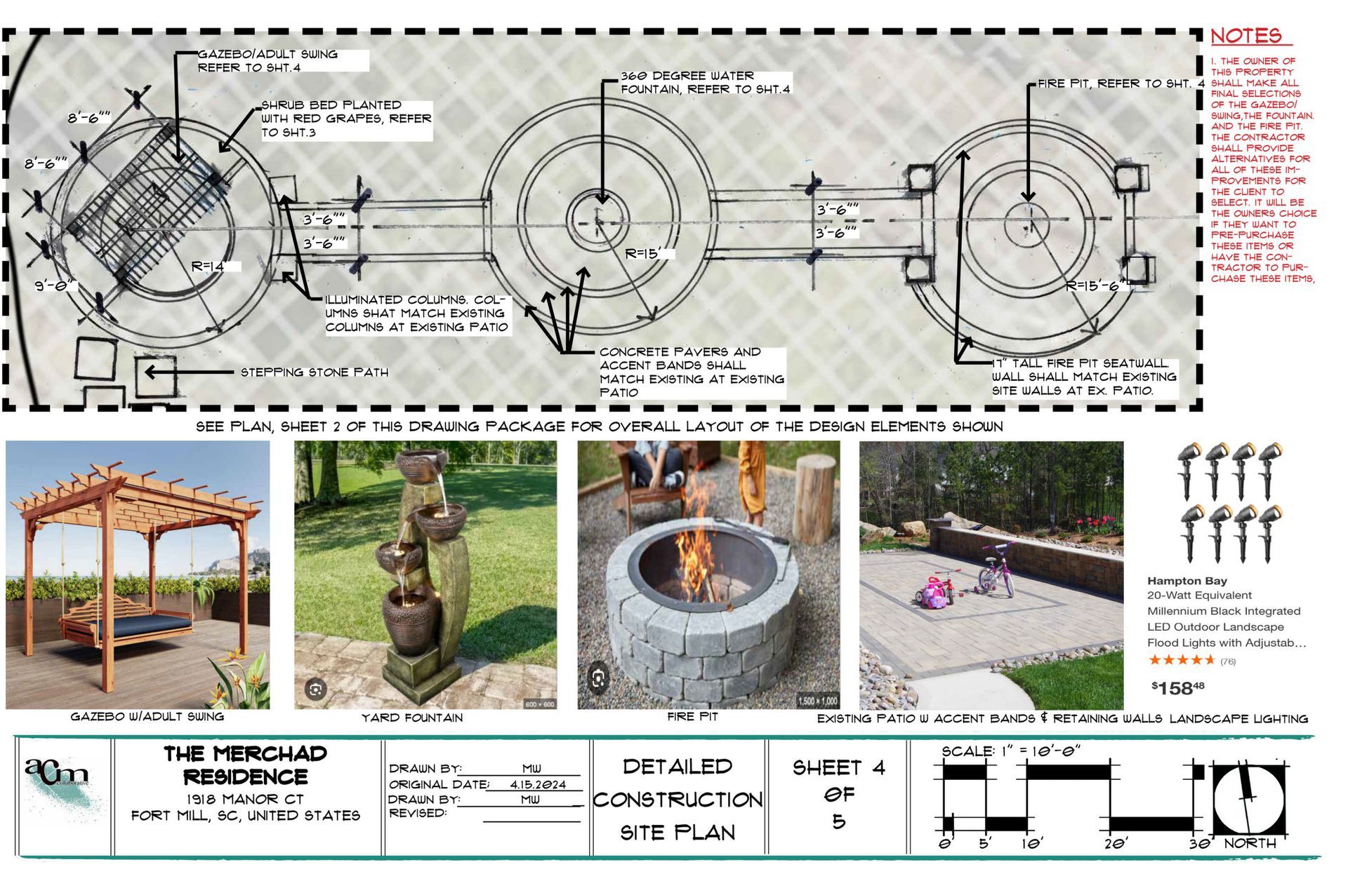 Gazebo fire pit design plans and photos showing a wooden shelter, stacked stone fire pit, and construction details
