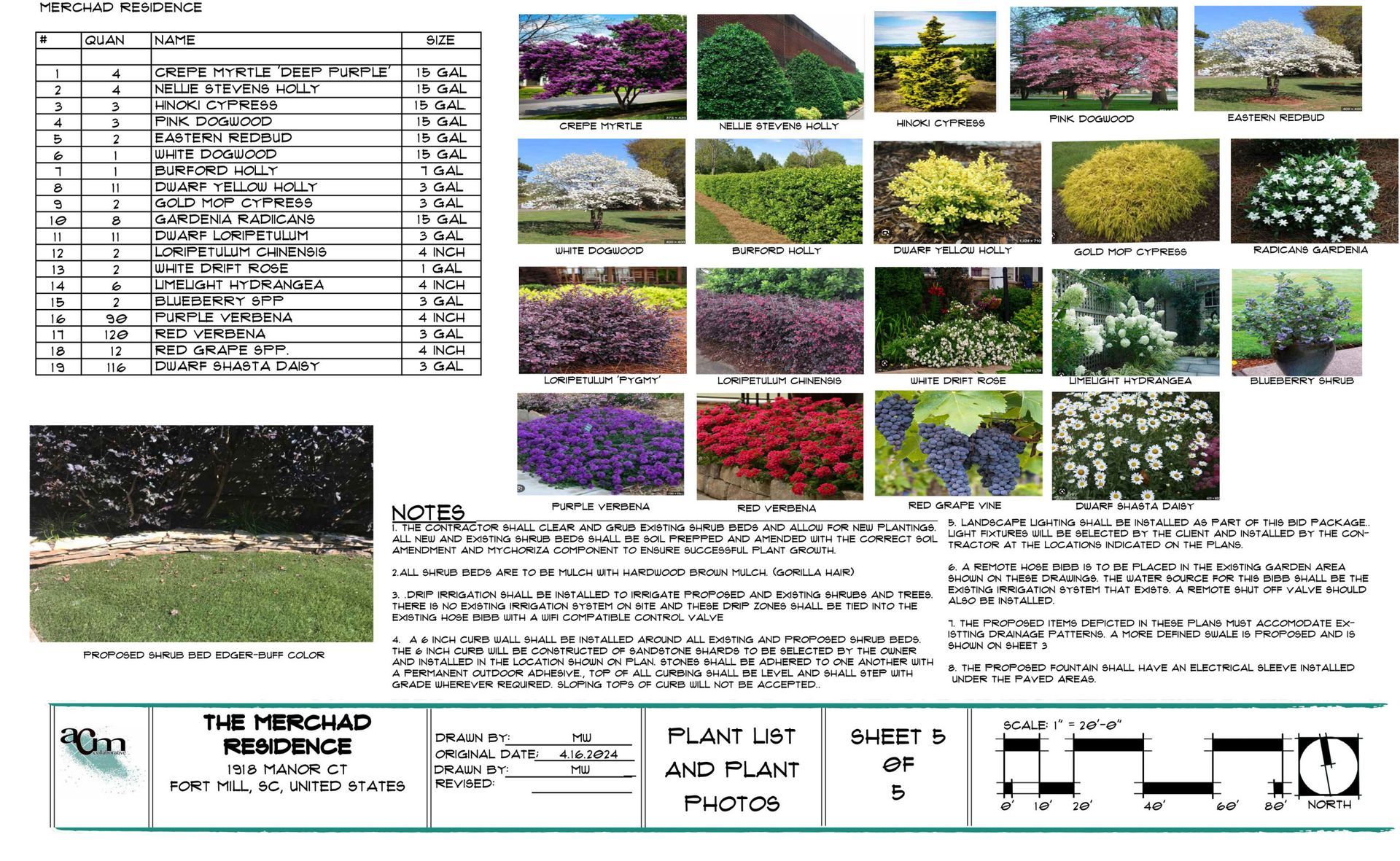 Landscape design reference sheet with shrub photos, plant size chart, and planting diagram