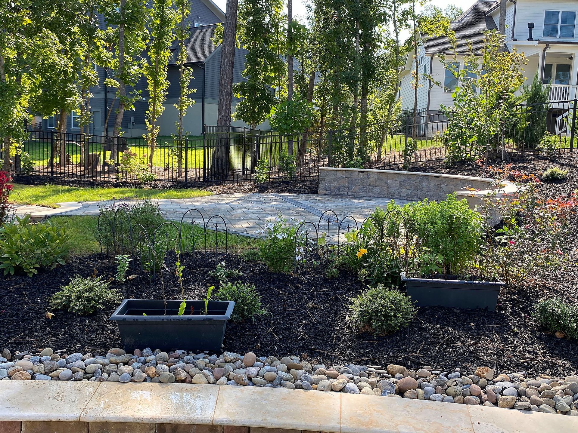 Landscaped garden with young trees, shrubs, stone border, and apartment buildings in the background