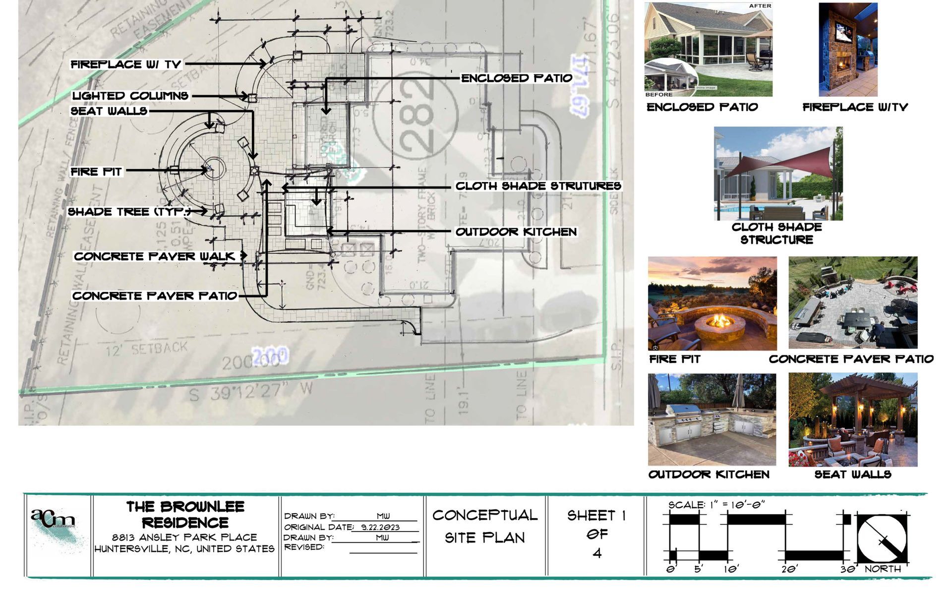 Architectural site plan with elevation sketches, dimension notes, and small reference photos on the right.