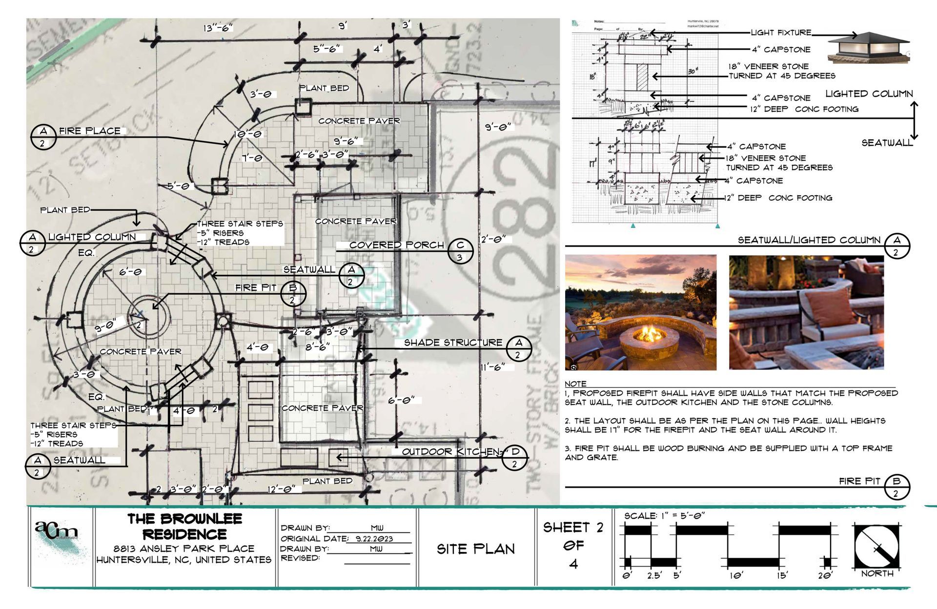 Architectural blueprint sheet with floor plans, sections, and small renderings of a building design