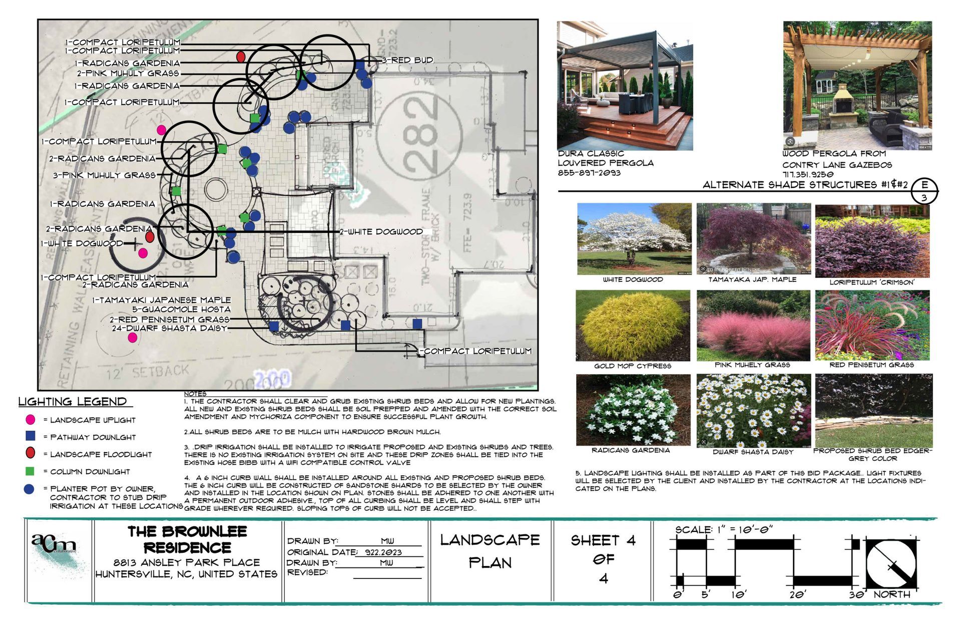 Landscape design board with site plan, house renderings, plant photos, and labeled drawing details