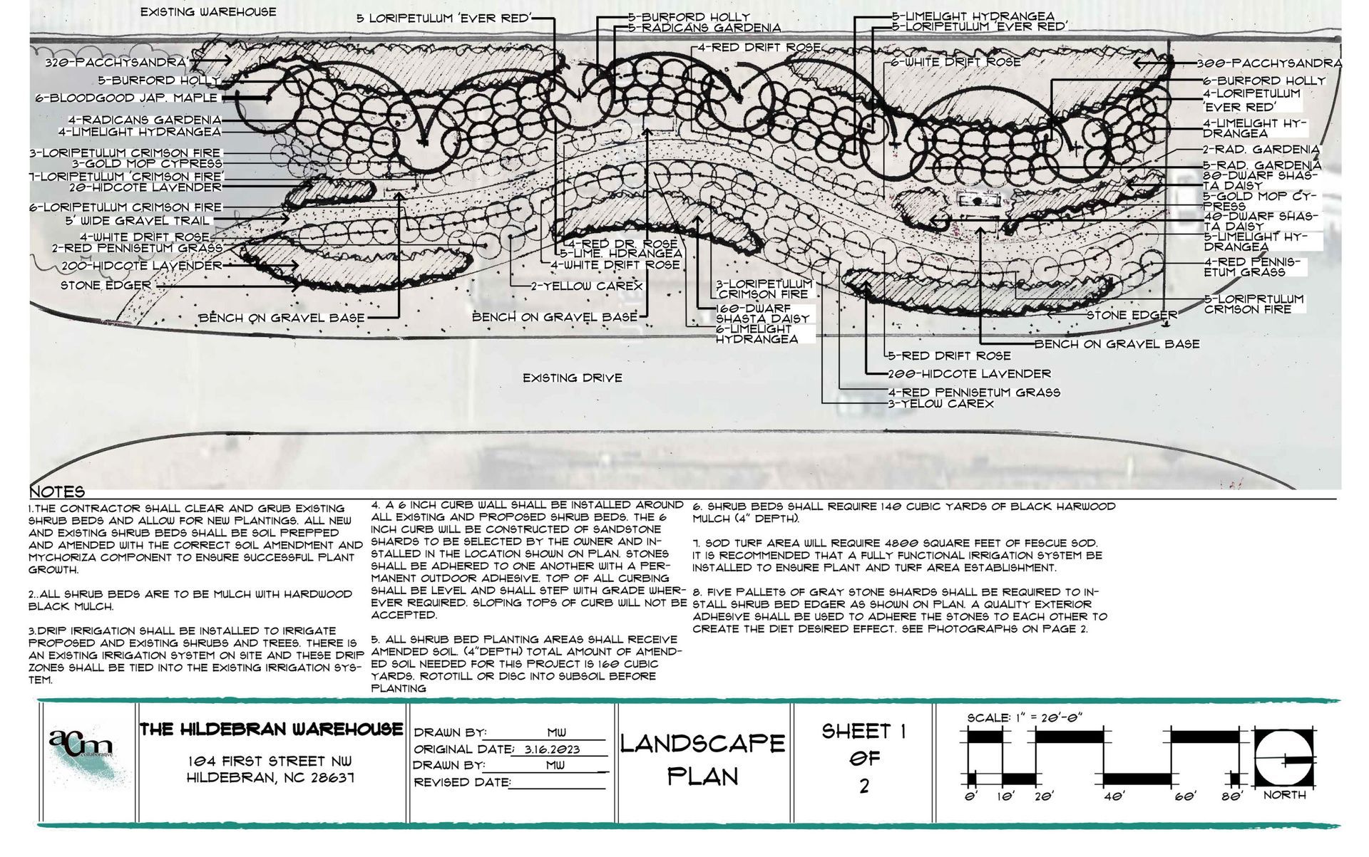 Landscape plan diagram with dense annotations, terrain contours, and cross-section drawings along the bottom