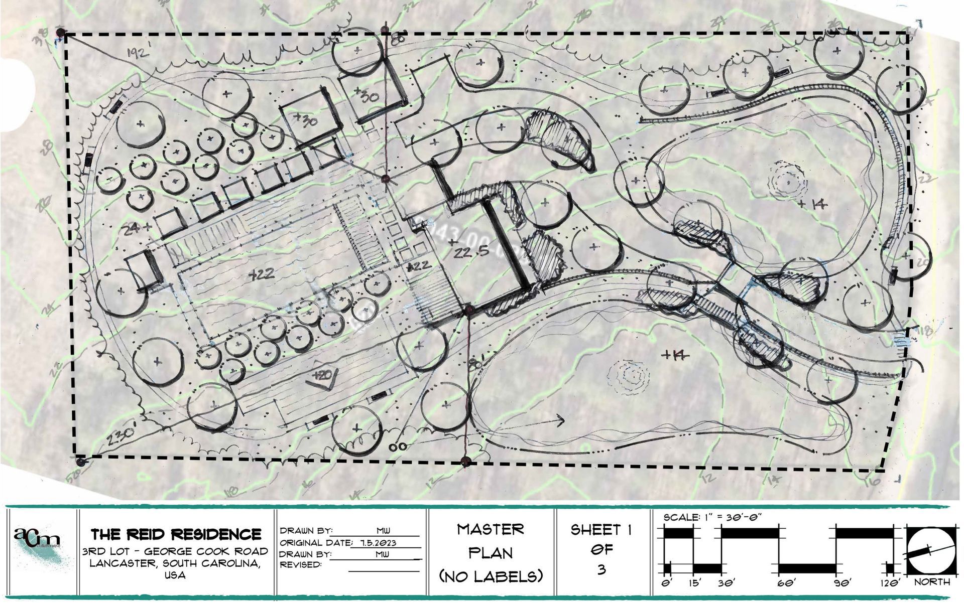 Black-and-white site plan of a landscaped building layout with paths, trees, and labeled sections.
