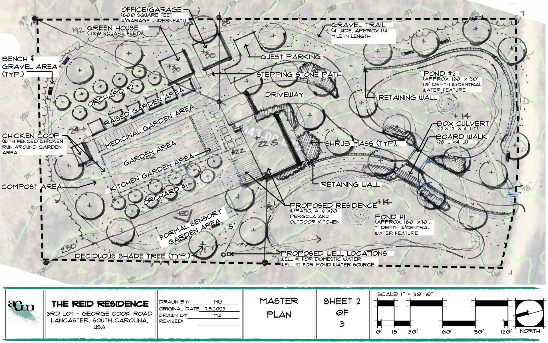 Black-and-white site plan drawing showing a landscaped residential layout with roads, buildings, trees, and labels.